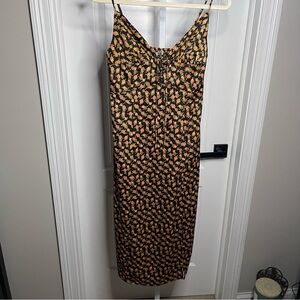 Urban Outfitters Heart Print Midi Dress Size M Black Orange Green Smocked Back